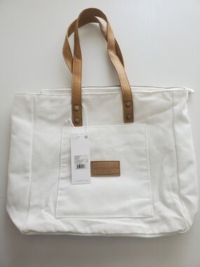 White Canvas Tote with Tan Leather Handles